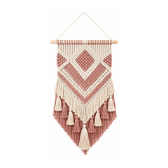 Ivory and dusty rose cotton macrame wall hanging with layered diamond pattern and tassels