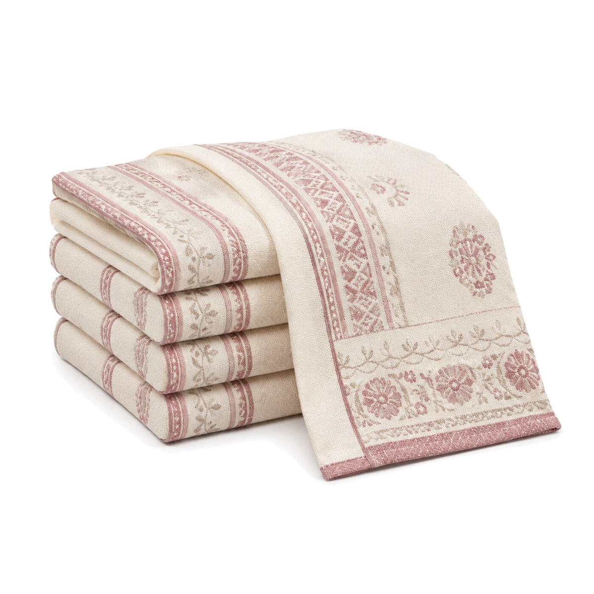 Primeval ivory and dusty rose floral border print cotton kitchen towel set in folded studio presentation
