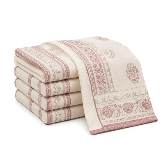 Primeval ivory and dusty rose floral border print cotton kitchen towel set in folded studio presentation