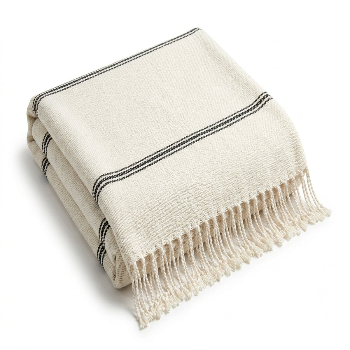 Ivory fine double pinstripe woven cotton throw with fringe 130×170 cm by Primeval