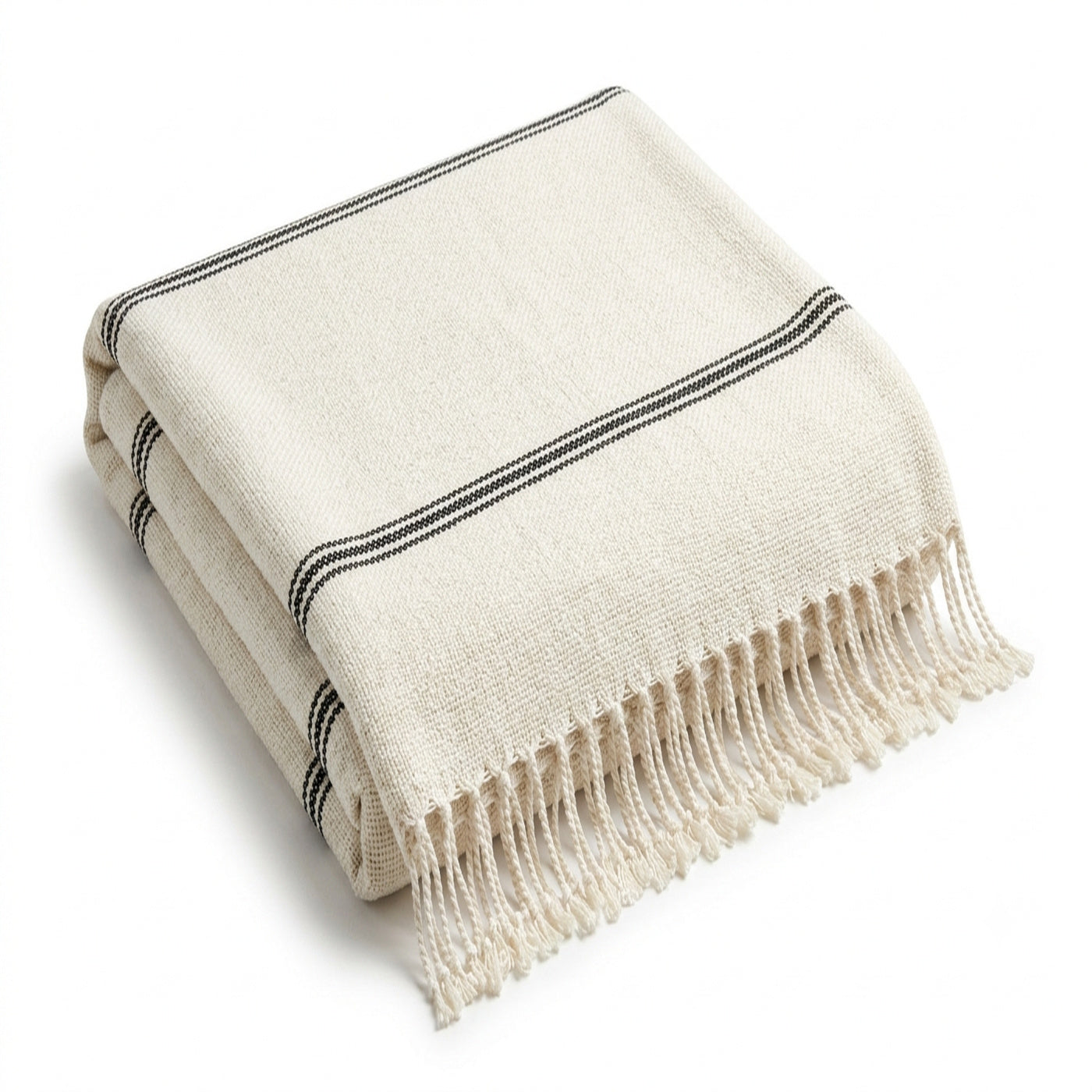 Ivory fine double pinstripe woven cotton throw with fringe 130×170 cm by Primeval