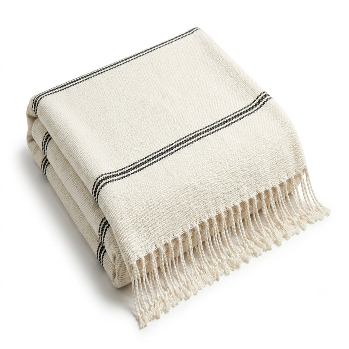 Ivory fine double pinstripe woven cotton throw with fringe 130×170 cm by Primeval