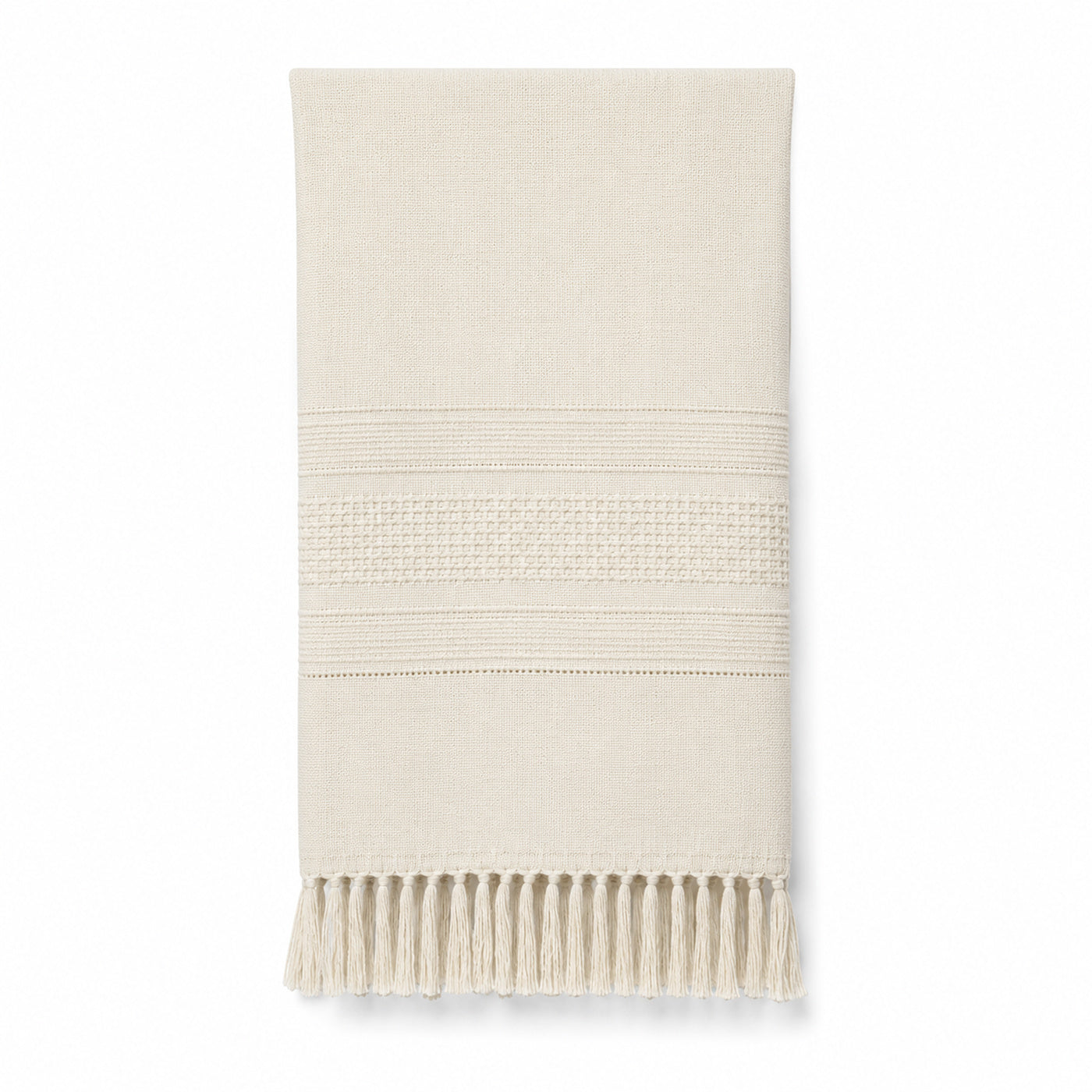 Ivory fringed Turkish cotton hammam towel 90x180 cm on white background