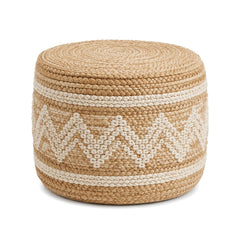 Natural jute round pouf with ivory geometric woven motifs