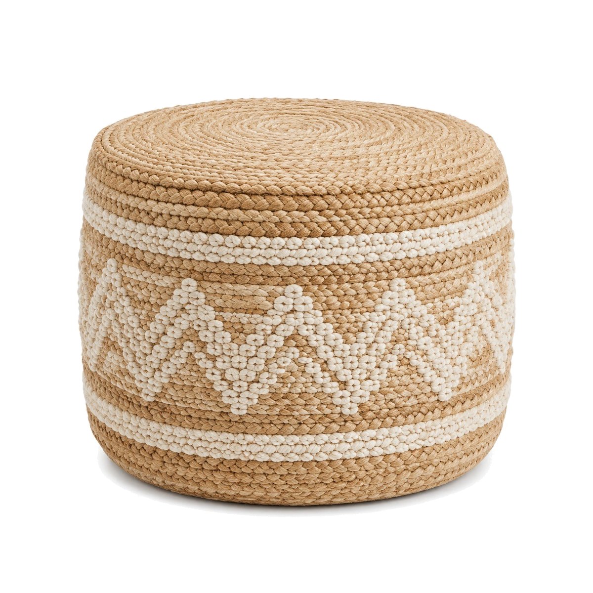 Natural jute round pouf with ivory geometric woven motifs