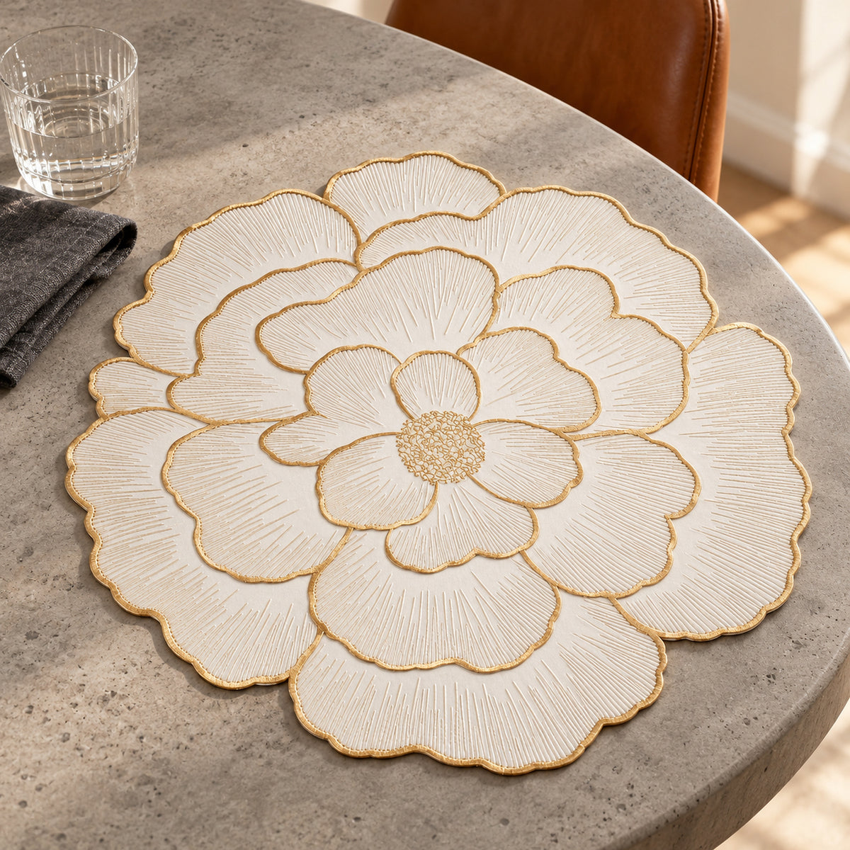 Large ivory flower shaped placemat with layered scalloped petals and delicate gold outlines on a light grey marble dining table