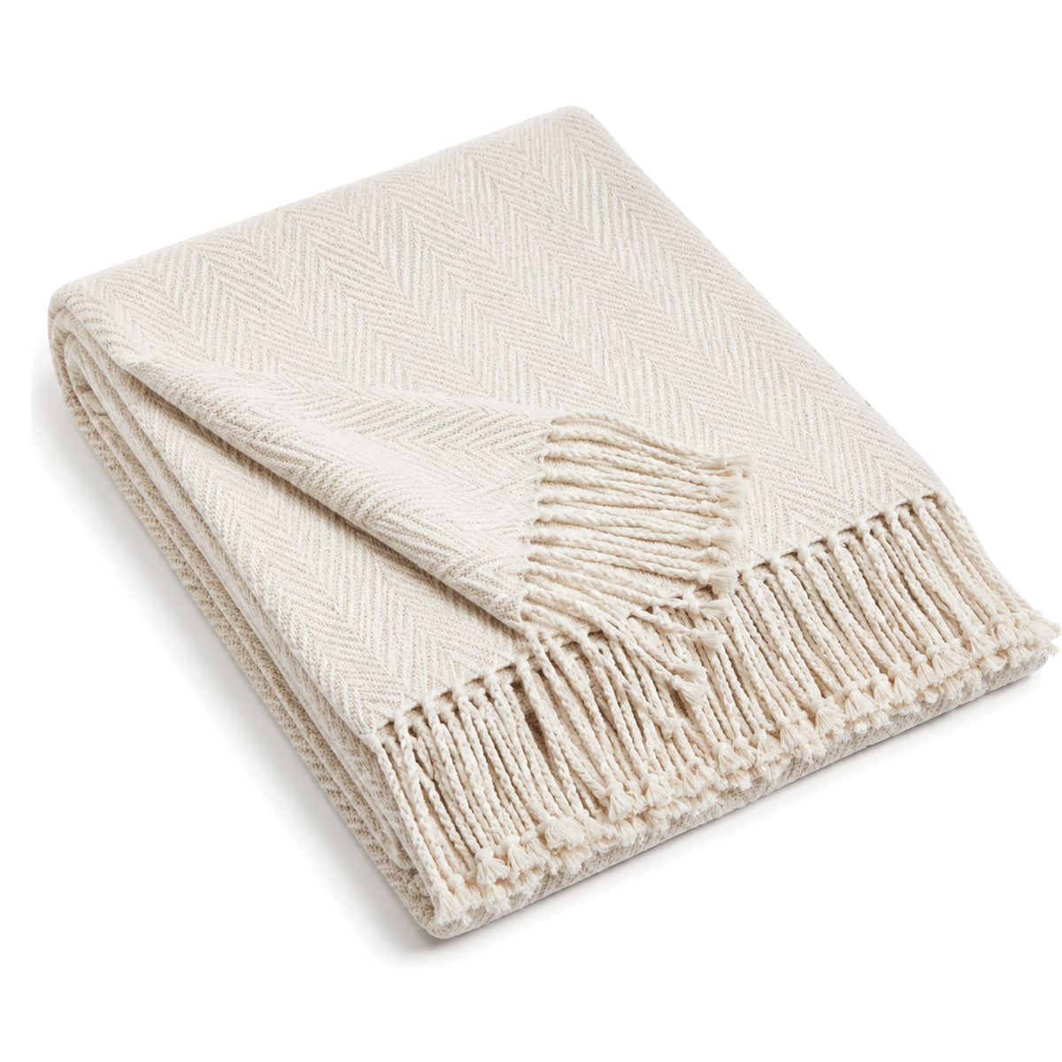 Ivory herringbone woven cotton throw with fringe 130×170 cm by Primeval
