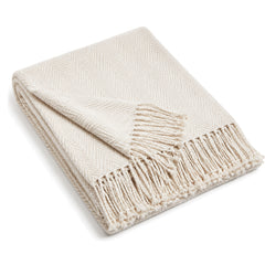 Ivory herringbone woven cotton throw with fringe 130×170 cm by Primeval
