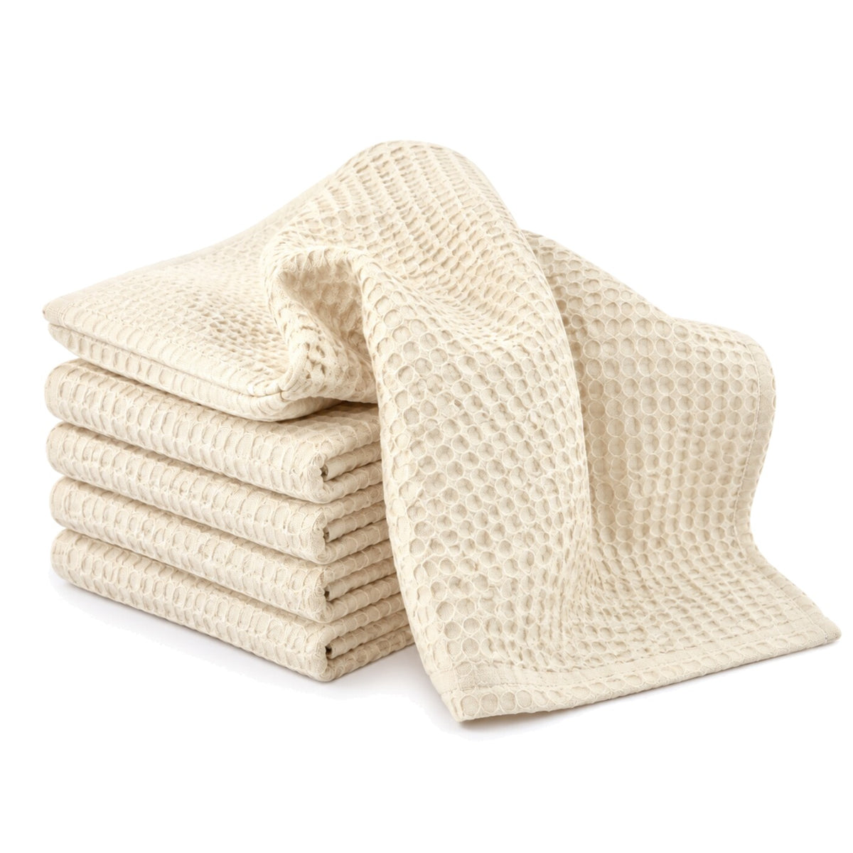 Primeval ivory honeycomb texture cotton kitchen towel set in folded studio presentation