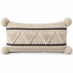 Handwoven Ivory & Black Textured Pom Pom Lumbar Cushion Cover 30 x 60 cm