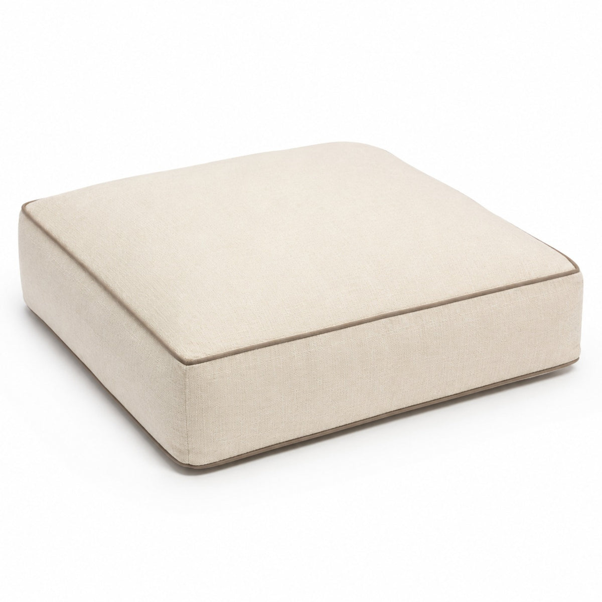 Ivory square floor cushion with clean piped border on white background