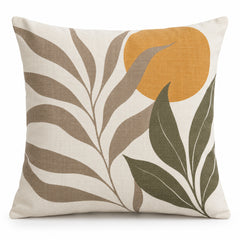 Printed Botanical Cushion Cover with Abstract Leaf & Sun Design – Ivory, Olive & Mustard – 45 x 45 cm