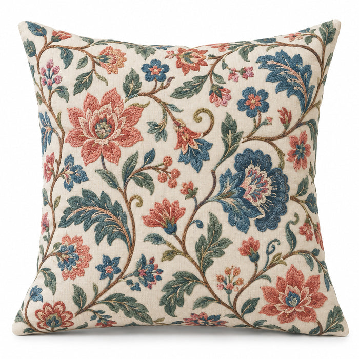 Machine Embroidered Floral Cushion Cover – Multicolor Botanical Vine Design – 45 x 45 cm