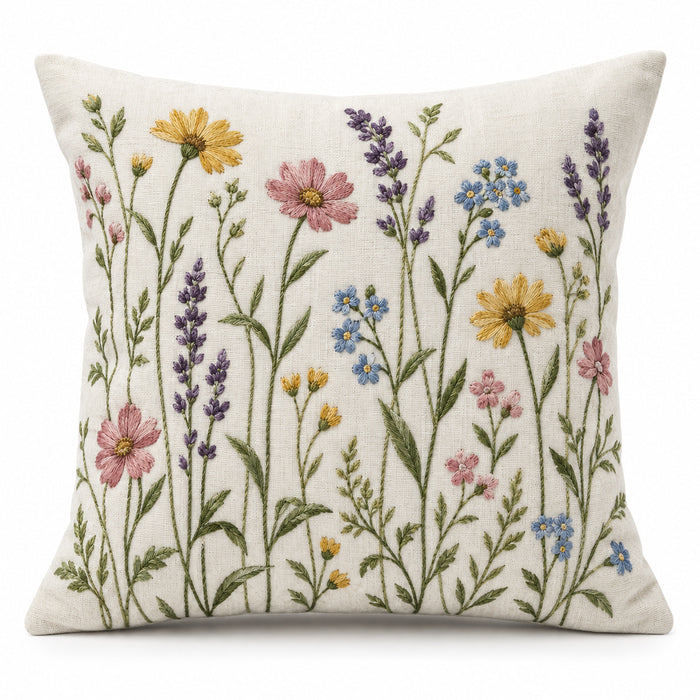 Machine Embroidered Floral Garden Cushion Cover – Multicolor Wildflower Design – 45 x 45 cm