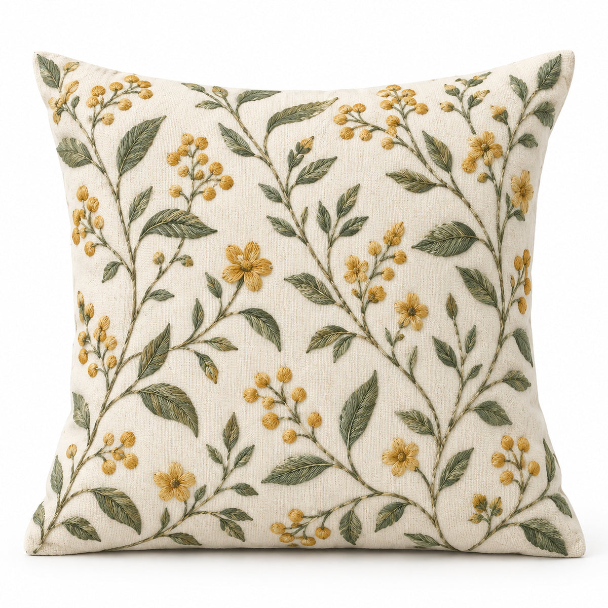 Machine Embroidered Botanical Cushion Cover – Mustard Floral Vine & Leaf Design – 45 x 45 cm