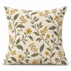 Machine Embroidered Botanical Cushion Cover – Mustard Floral Vine & Leaf Design – 45 x 45 cm
