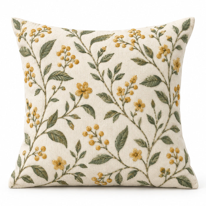 Machine Embroidered Botanical Cushion Cover – Mustard Floral Vine & Leaf Design – 45 x 45 cm