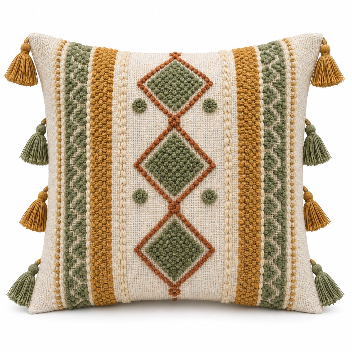 Handwoven Ivory Mustard & Green Geometric Tassel Cushion Cover – 45 x 45 cm