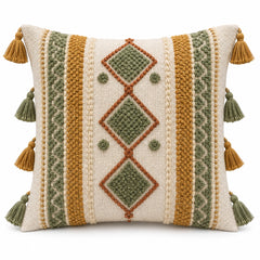 Handwoven Ivory Mustard & Green Geometric Tassel Cushion Cover – 45 x 45 cm