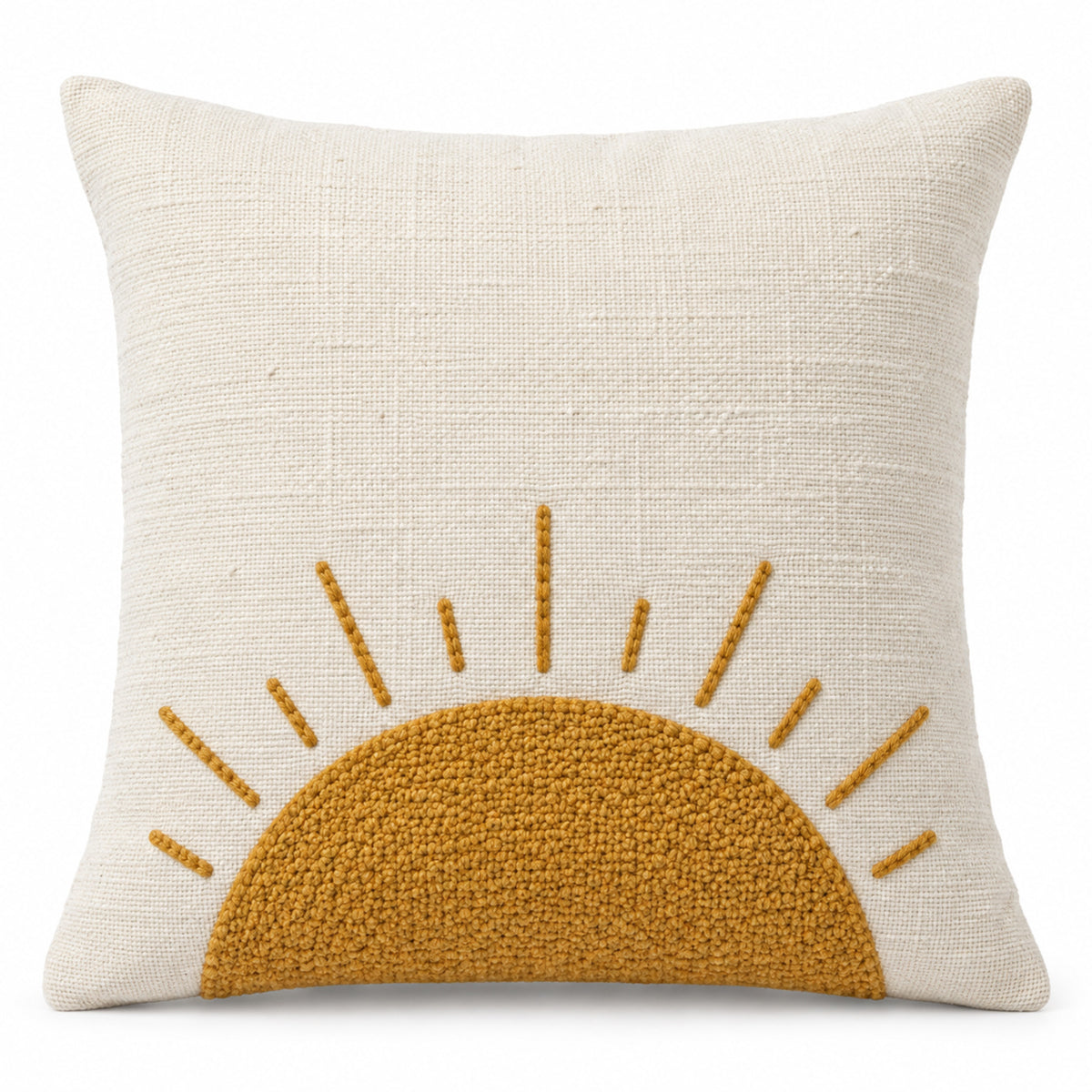 Ivory decorative cushion cover with mustard textured sunrise motif