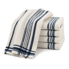 Primeval ivory and navy multi stripe cotton kitchen towel set in folded studio presentation