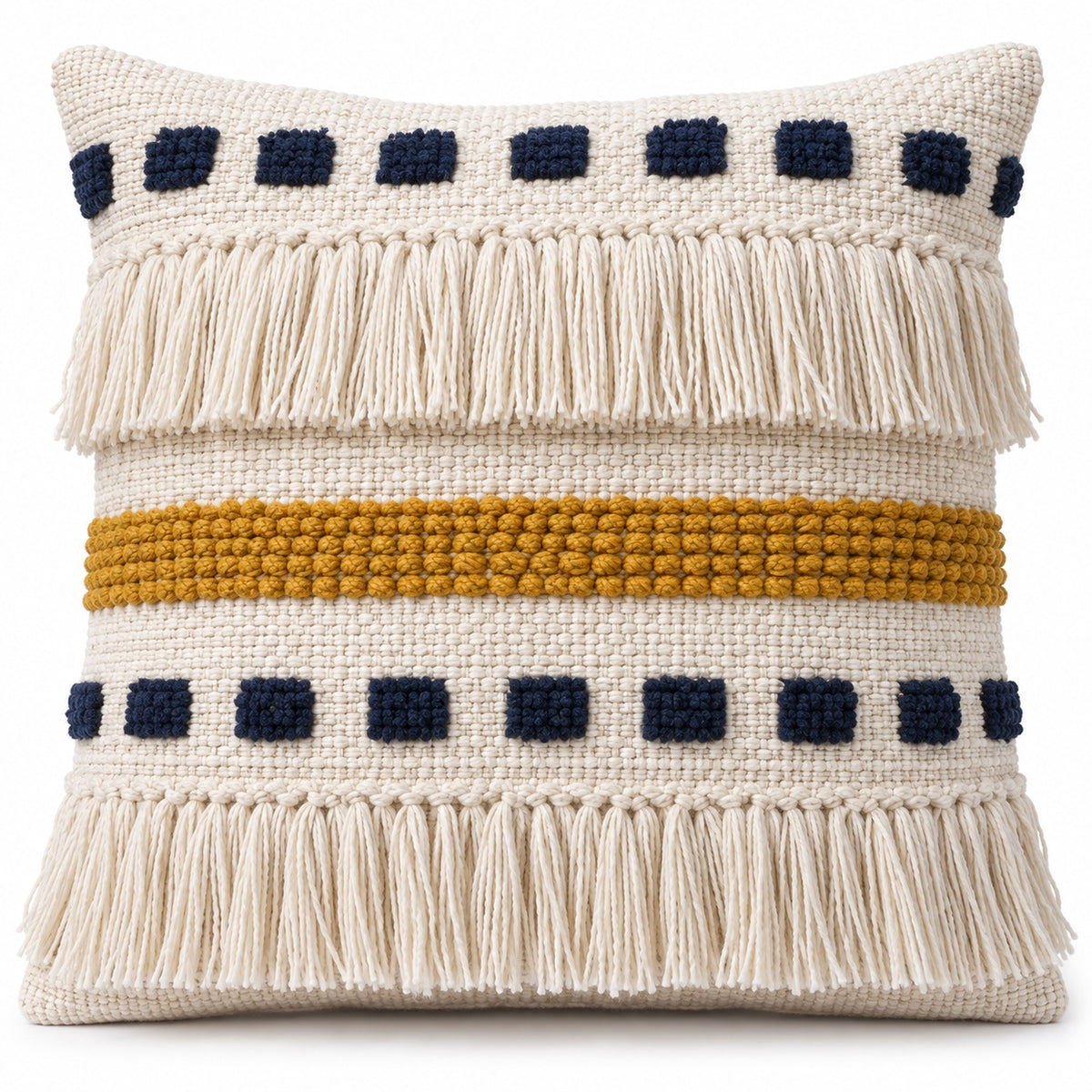 Handwoven Geometric Cushion Cover with Fringe – Ivory, Navy & Mustard Design – 45 x 45 cm