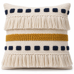 Handwoven Geometric Cushion Cover with Fringe – Ivory, Navy & Mustard Design – 45 x 45 cm