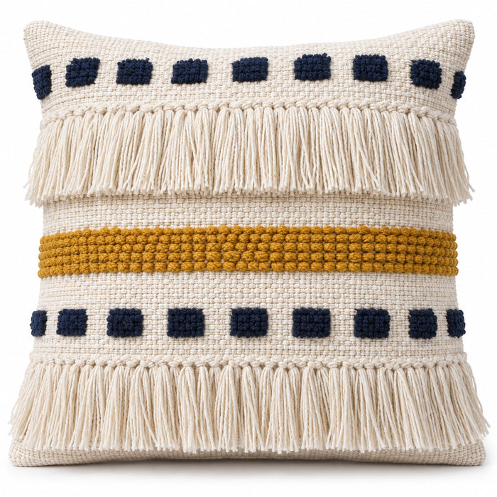 Handwoven Geometric Cushion Cover with Fringe – Ivory, Navy & Mustard Design – 45 x 45 cm