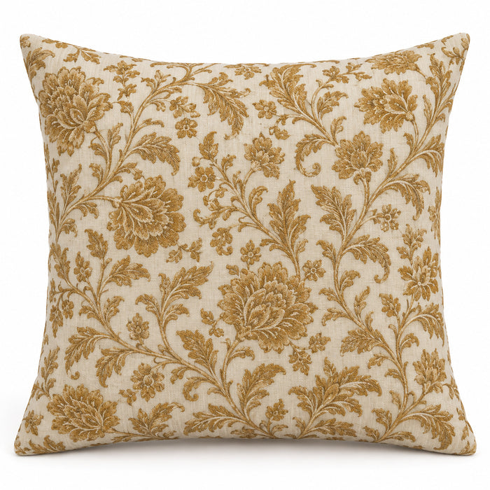 Machine Embroidered Heritage Floral Cushion Cover – Ivory & Ochre Botanical Design – 45 x 45 cm