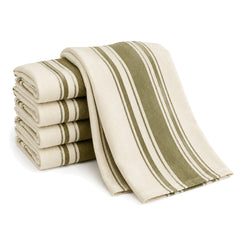 Primeval ivory and olive green stripe cotton kitchen towel set in folded studio presentation