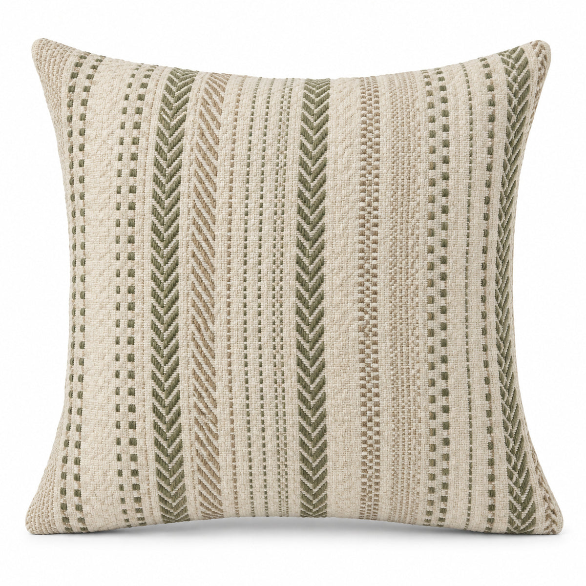 Handwoven Ivory & Olive Green Geometric Stripe Cushion Cover – 45 x 45 cm