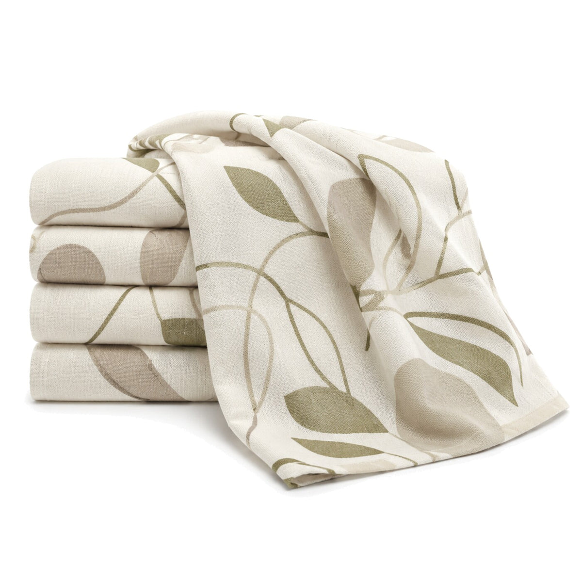 Primeval ivory and olive large botanical leaf print cotton kitchen towel set in folded studio presentation