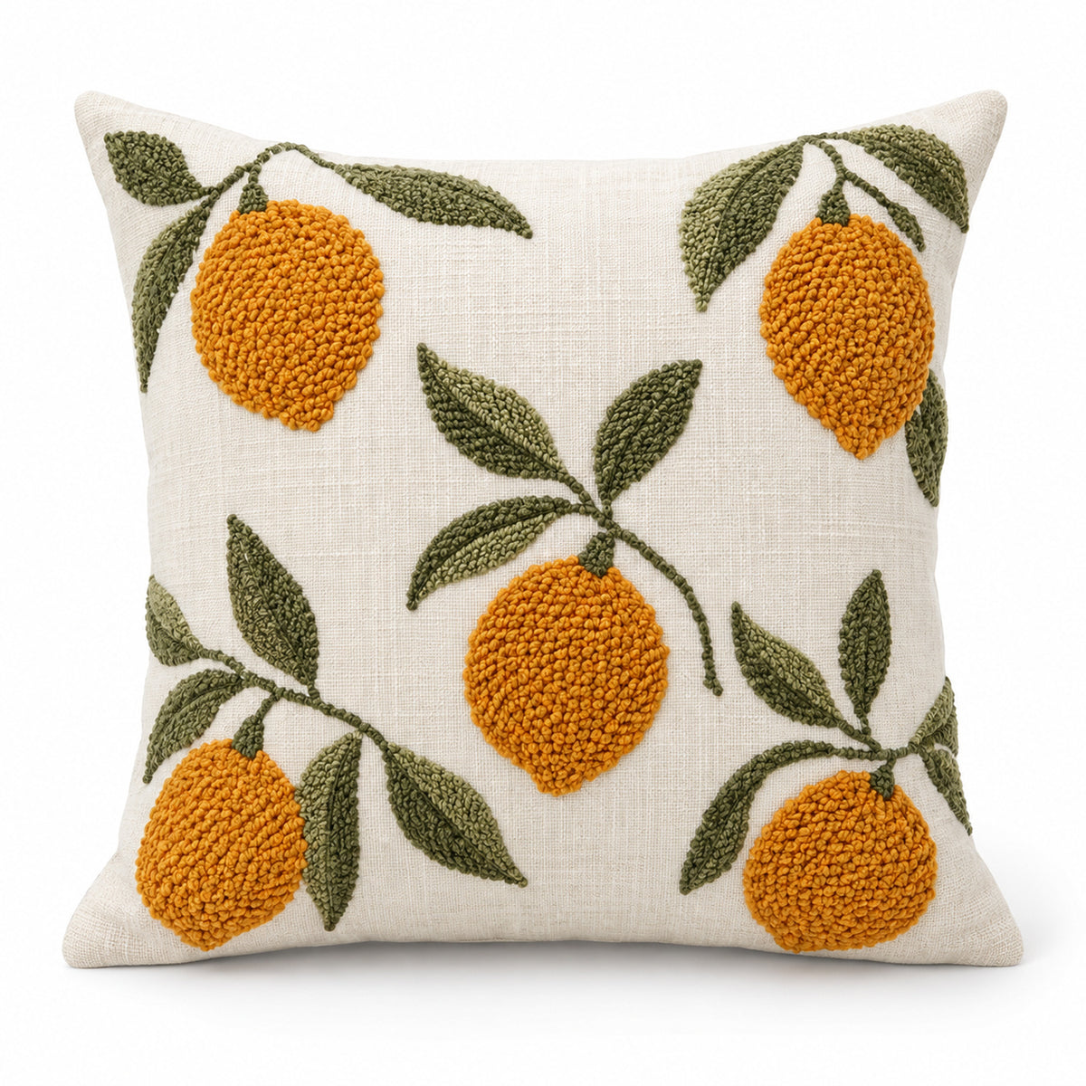 Ivory Orange Fruit Embroidered Cotton Cushion Cover – 45x45 cm