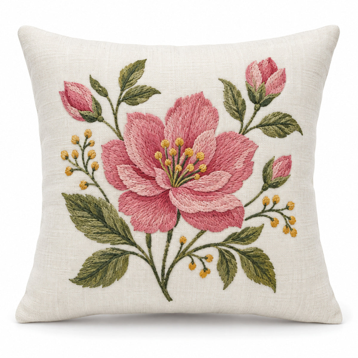 Ivory decorative cushion cover with large pink flower and green botanical leaves