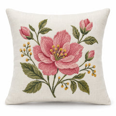 Ivory decorative cushion cover with large pink flower and green botanical leaves