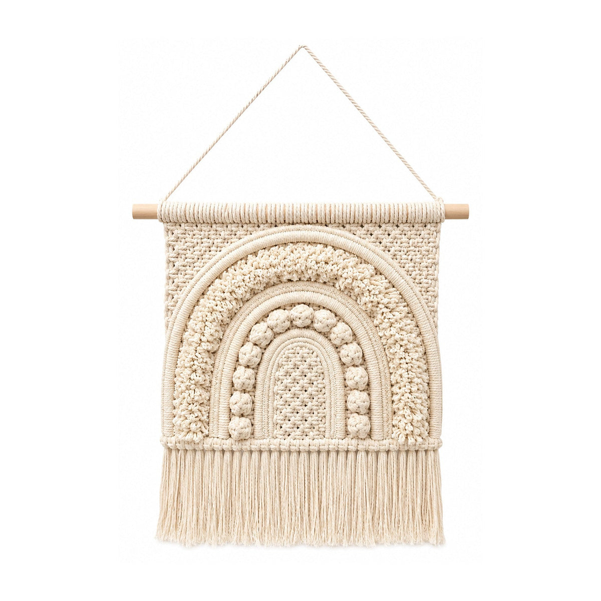 Ivory rainbow cotton macrame wall hanging with dimensional arches and fringe