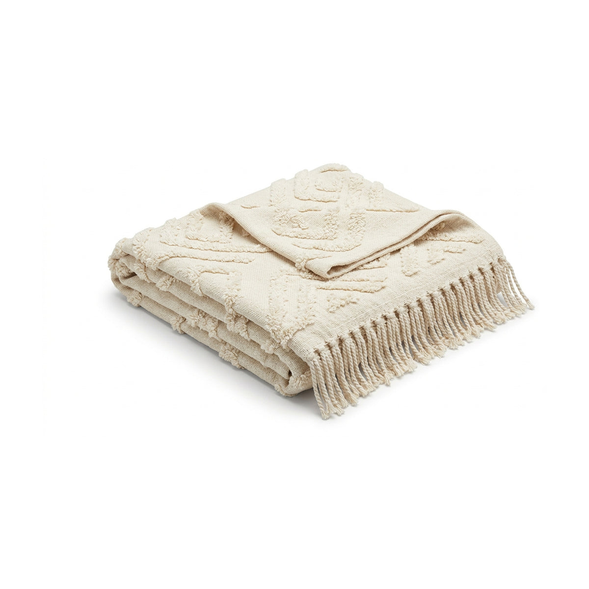 Ivory raised floral medallion textured cotton throw with fringe 130×170 cm by Primeval