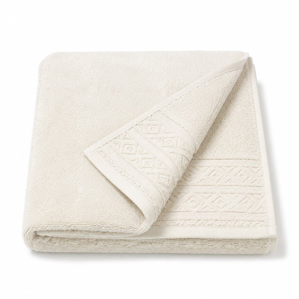 Ivory raised geometric border cotton bath towel 70x140 cm on white background