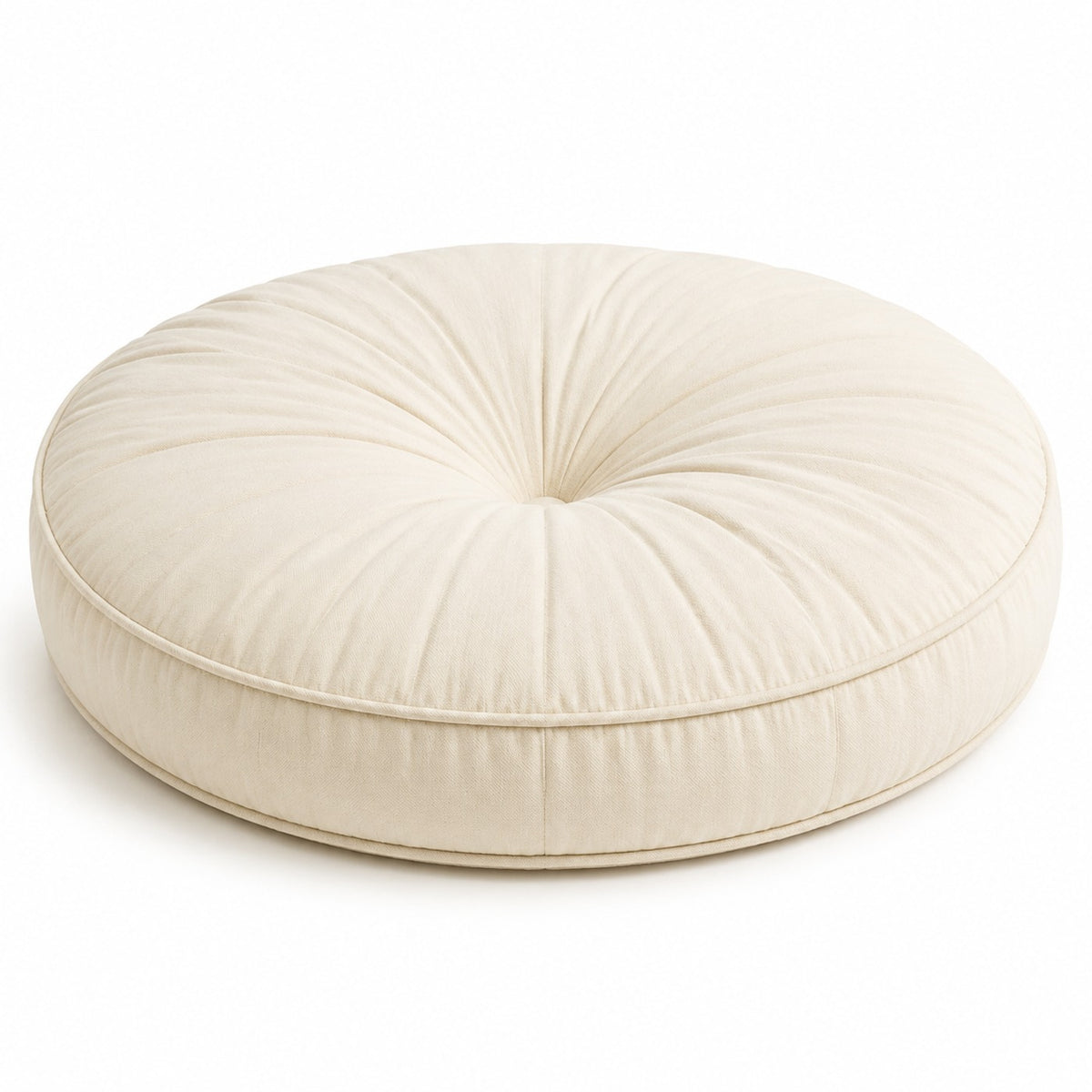 Ivory round floor cushion with central tufting and gathered top on white background