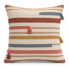 Handwoven Striped Cushion Cover with Decorative Tassels – Ivory, Rust, Mustard & Blue – 45 x 45 cm