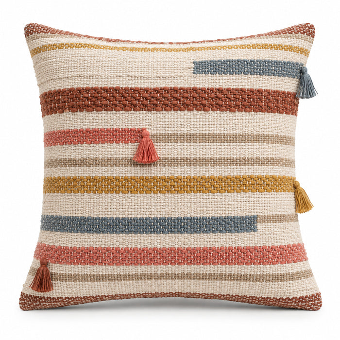 Handwoven Striped Cushion Cover with Decorative Tassels – Ivory, Rust, Mustard & Blue – 45 x 45 cm