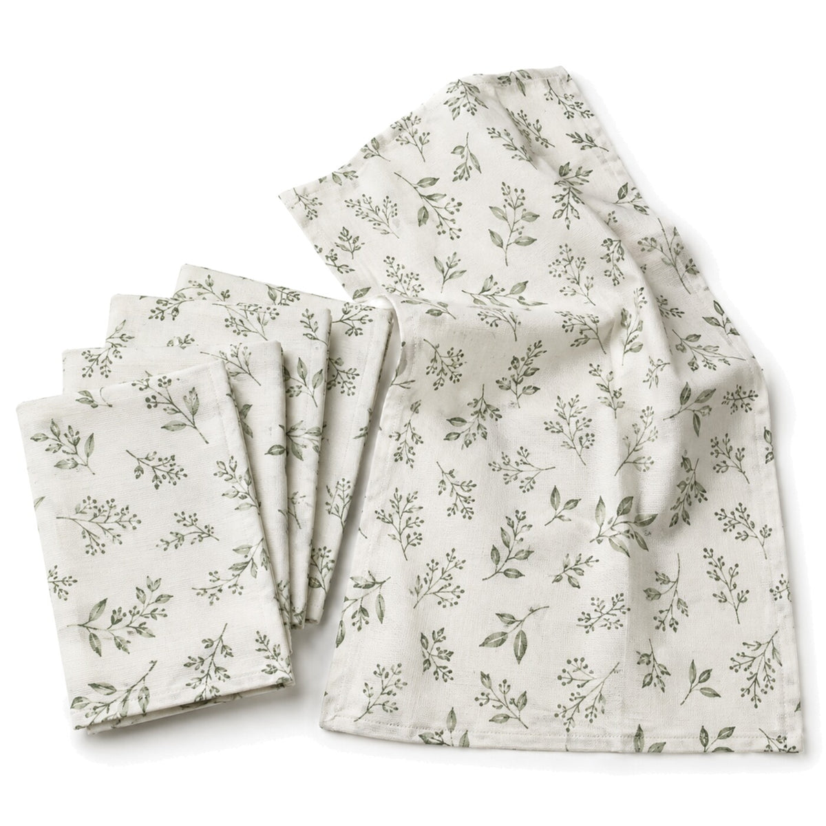Primeval ivory and sage botanical sprig print cotton kitchen towel set in folded studio presentation