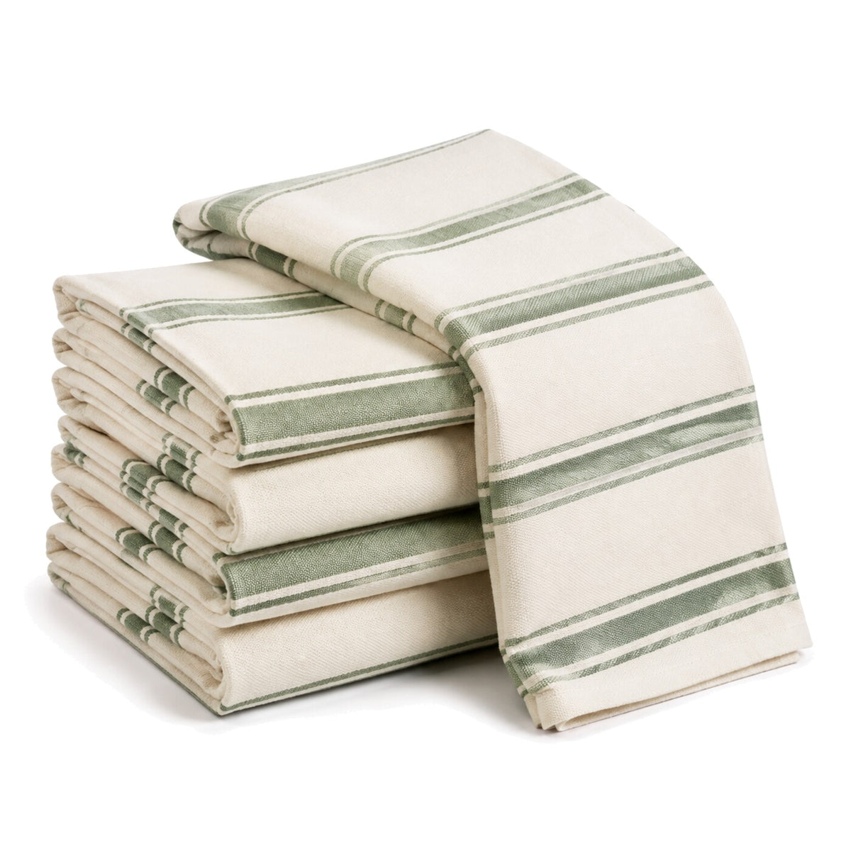Primeval ivory and sage green stripe cotton kitchen towel set in folded studio presentation