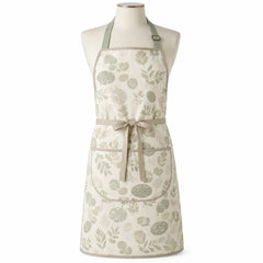 Primeval ivory chef apron with sage organic print displayed on a dress form