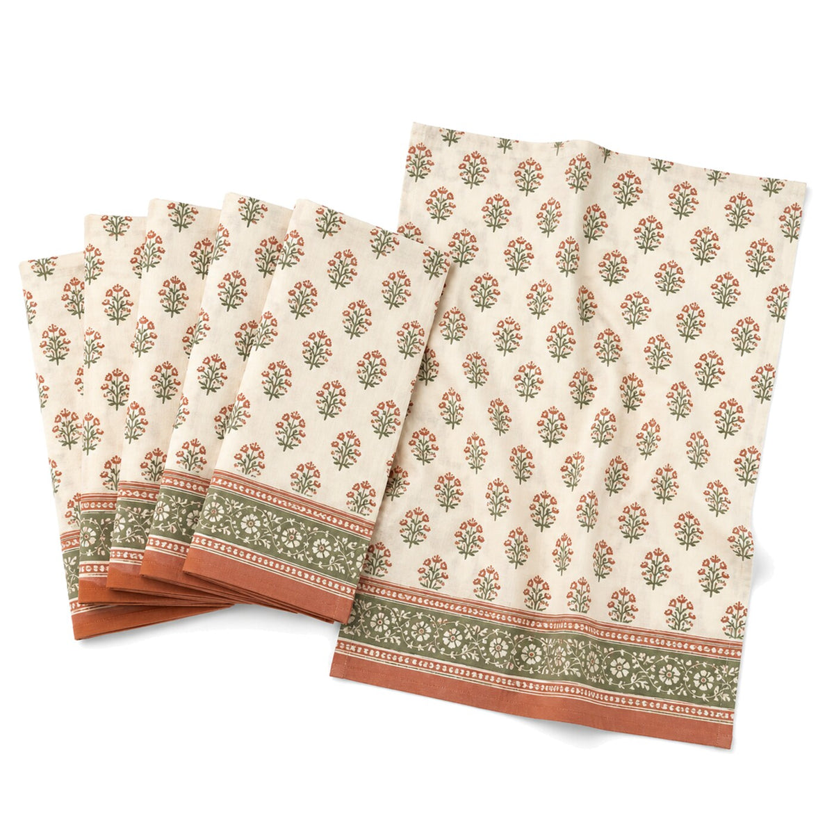 Primeval ivory sage and terracotta traditional border print cotton kitchen towel set in folded studio presentation