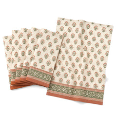 Primeval ivory sage and terracotta traditional border print cotton kitchen towel set in folded studio presentation