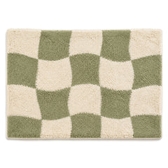 Ivory and sage wavy checkerboard bath mat for contemporary bathroom decor - Primeval