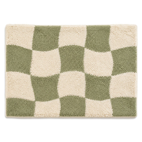 Ivory and sage wavy checkerboard bath mat for contemporary bathroom decor - Primeval