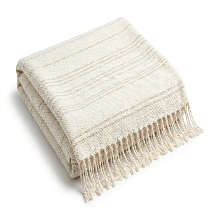 Ivory and sand fine stripe woven cotton throw with fringe 130×170 cm by Primeval