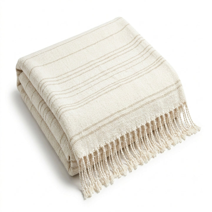 Ivory and sand fine stripe woven cotton throw with fringe 130×170 cm by Primeval